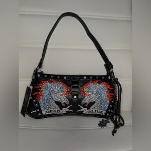 NWT Ed Hardy Embroidered Rhinestone Horses Rare Mini Shoulder Bag with Charms